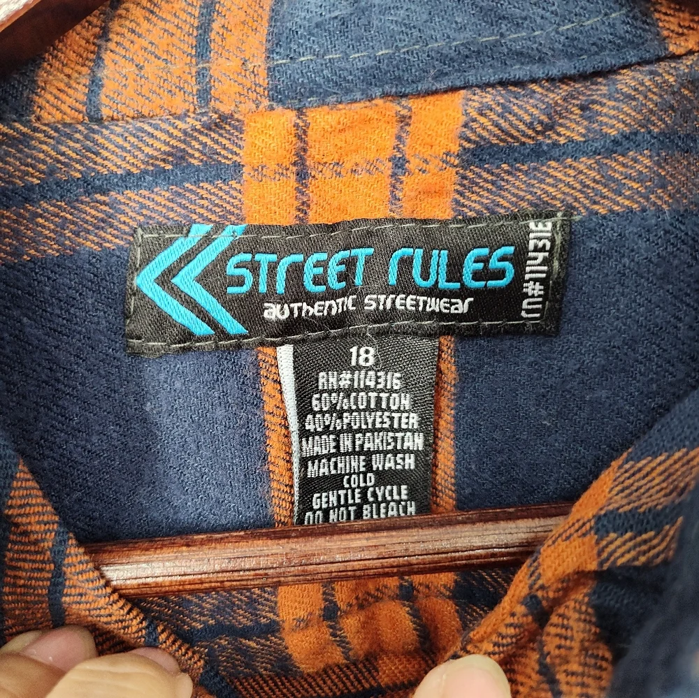 Street Rules Boys Navy and Orange Plaid Flannel Button Down Shirt Size 18